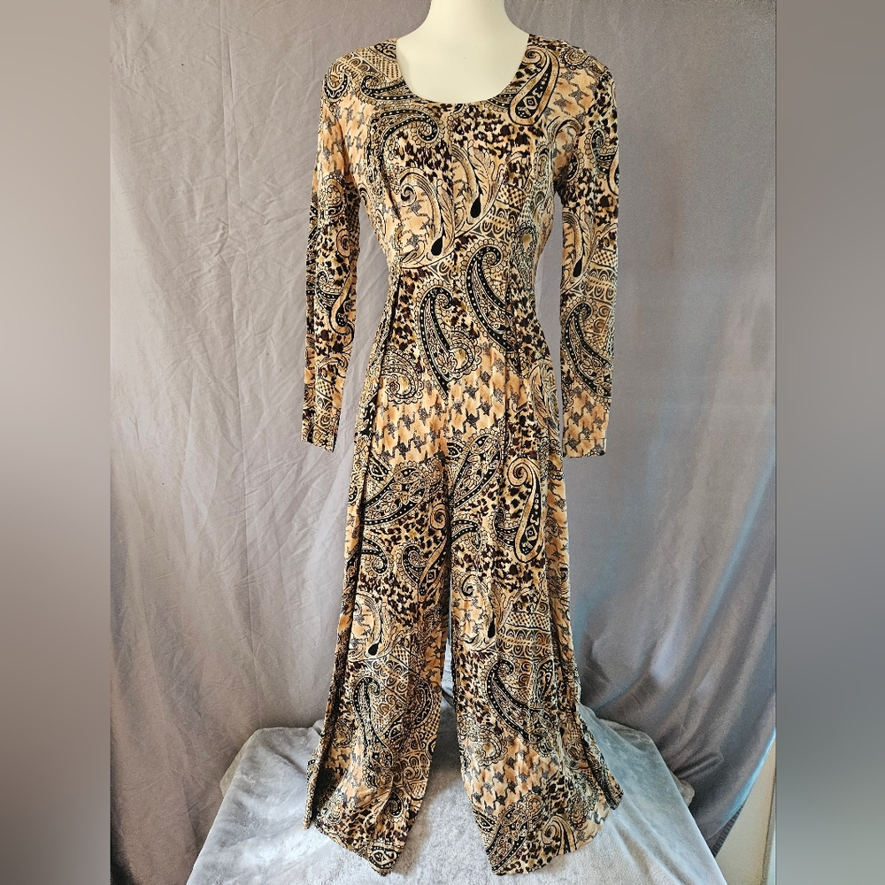La Belle Paisley & Geo Print Long-Sleeve Jumpsuit in Beige and Black